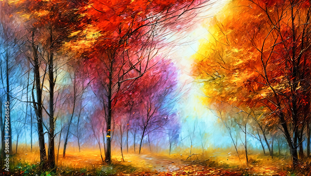 positive warm colorful and vivid illustration of abstract autumn forest landscape with trees and leaves on the ground and a path leading to the trees