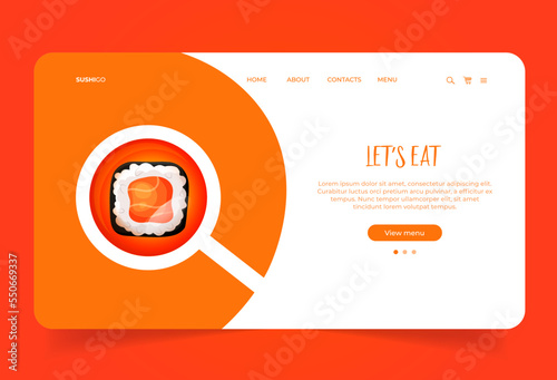 Landing page with sushi roll with salmon under the magnifying glass. Web site for business company