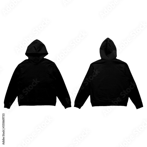 Blank Black Hoodie Mock-Up Template on White Background, Front and Back View