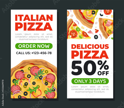 Delicious pizza special offer flyer. Italian pizza delivery service business card, banner, promotional leaflet vector