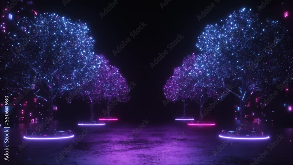This Stock Motion Graphics Video shows a Futuristic Neon Glowing Trees and Digital glowing wall endless tunnel Sci-Fi Background in seamless loop.