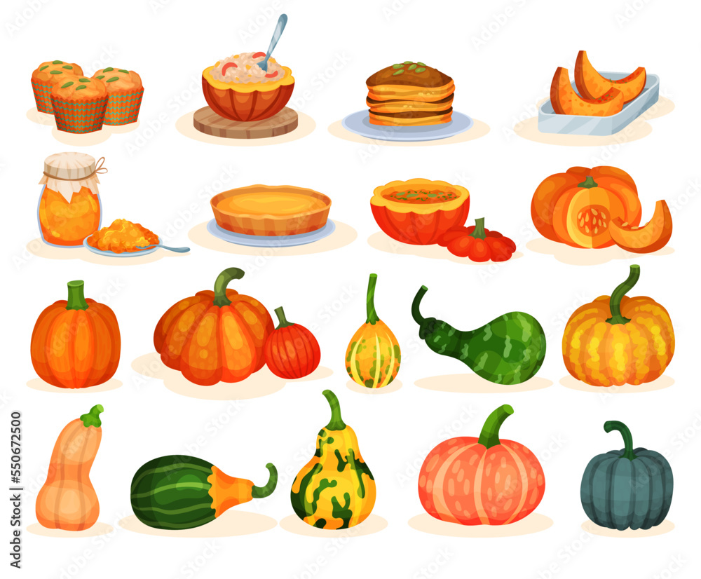 Sweet Pumpkin Dessert with Muffin, Baked Pie, Pancakes, Jam in Jar and Raw Orange Crop Big Vector Set Sweet Pumpkin Dessert with Muffin, Baked Pie, Pancakes, Jam in Jar and Raw Orange Crop Big Vector Set