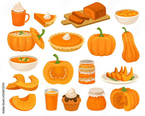 Sweet Pumpkin Nutrition with Cupcake, Porridge, Pie, Bread, Soup and Jam in Jar with Raw Orange Crop Big Vector Set