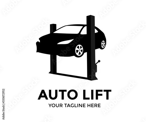 Car lifting logo design. Car on a wheel alignment lift in auto service. Diagnosis of the chassis of the car raised at the elevator vector design and illustration.
