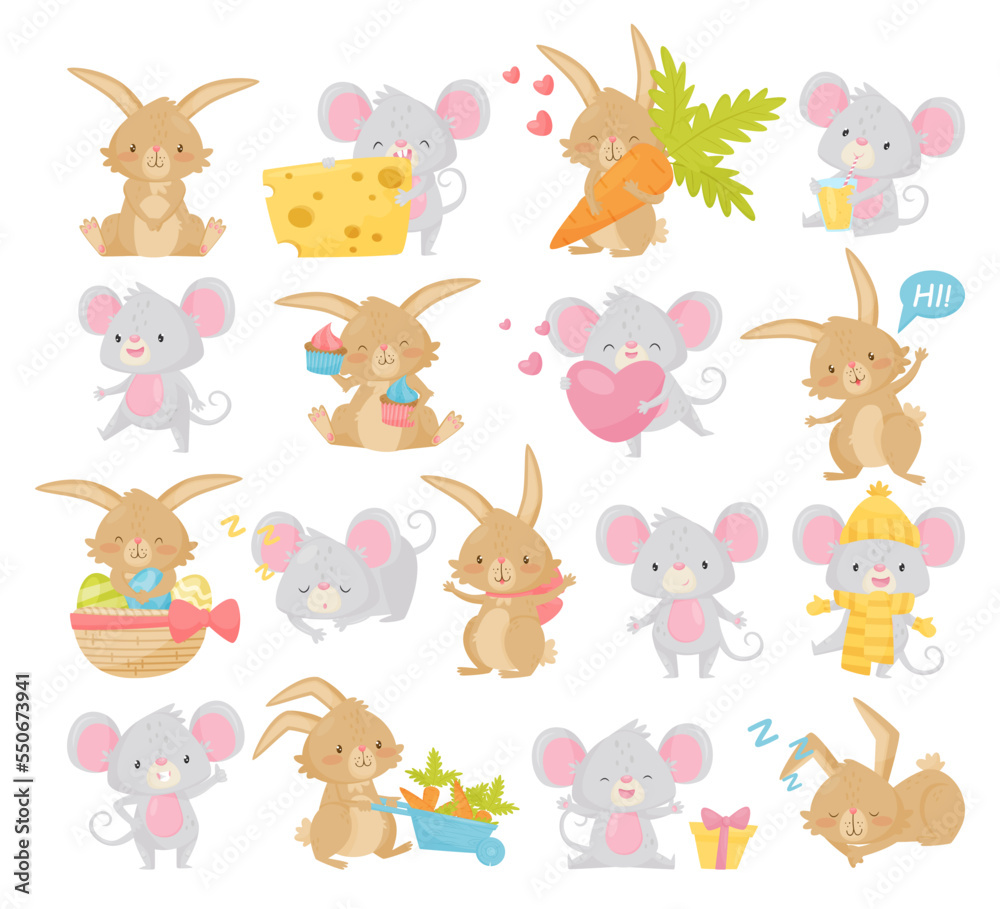 Cute little bunny and mouse characters set. Funny cheerful little ...