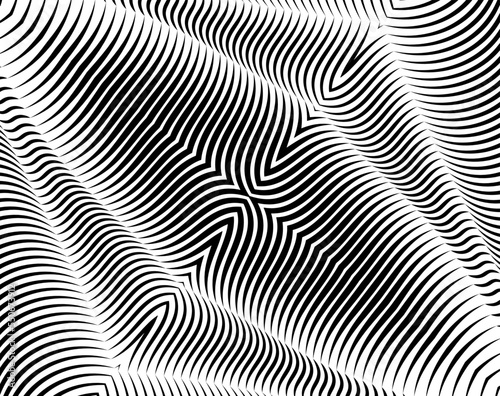Digital image with a psychedelic stripes Wave design black and white. Optical art background. Texture with wavy, curves lines. Vector illustration © dexdrax