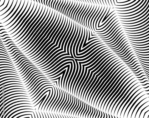 Digital image with a psychedelic stripes Wave design black and white. Optical art background. Texture with wavy  curves lines. Vector illustration