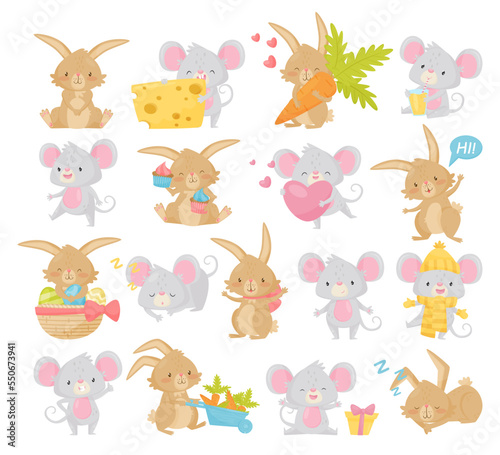 Cute little bunny and mouse characters set. Funny cheerful little animals in everyday activities cartoon vector