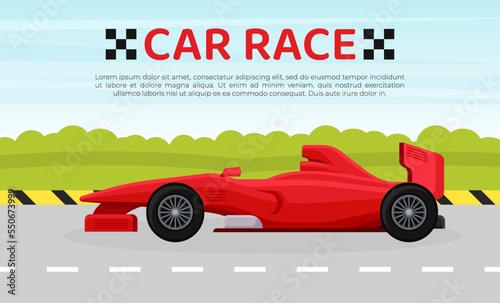 Car race banner. Poster, web banner, flyer, brochure template with red racing car vector
