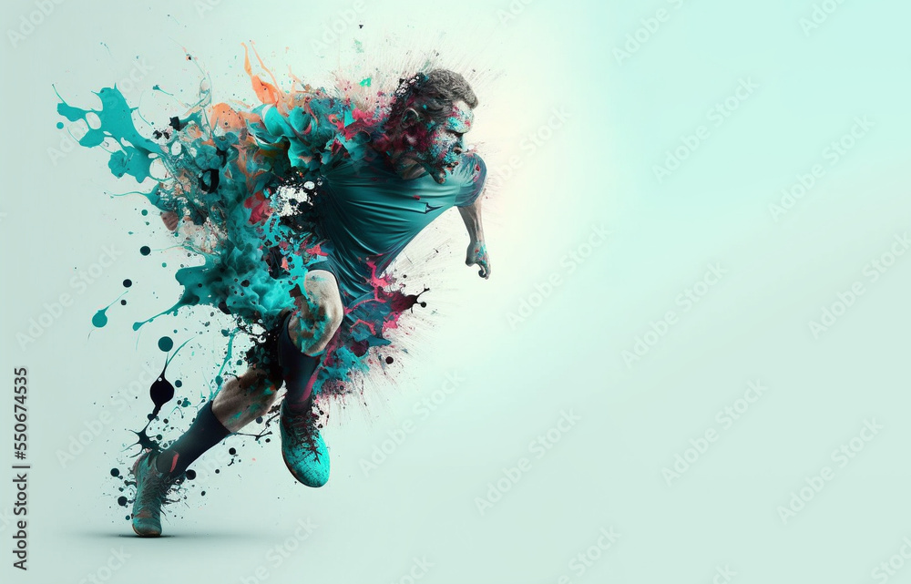 Obraz premium Soccer player with a graphic trail and color splash background.