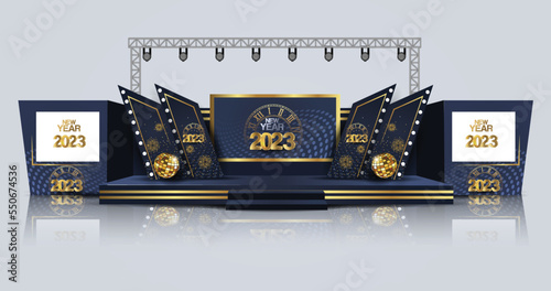 new year Event Stage design for business conferences, corporate projects presentations, shareholders event or meeting with slides on projection screens.