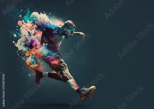 Soccer player with a graphic trail and color splash background. © Nokhoog