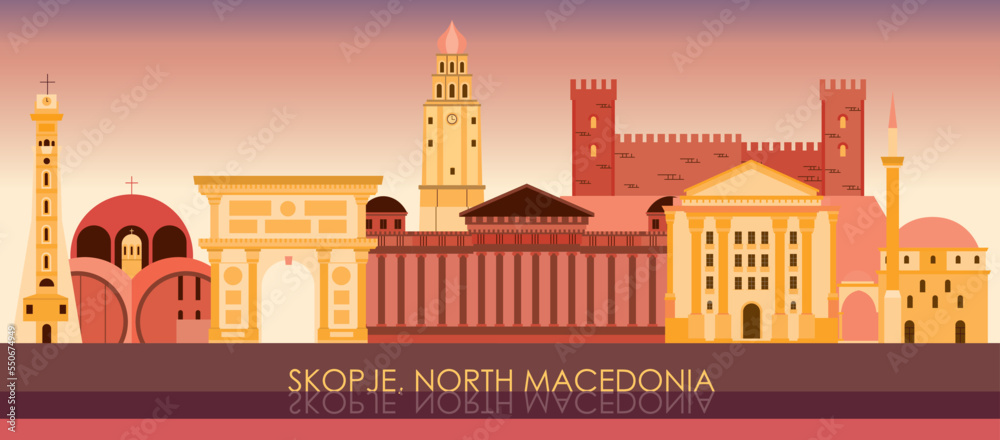 Sunset Skyline panorama of city of Skopje, North Macedonia - vector illustration