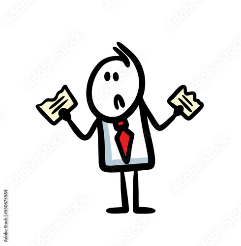 A frustrated man in a business suit holds the halves of a torn paper document in his hands.