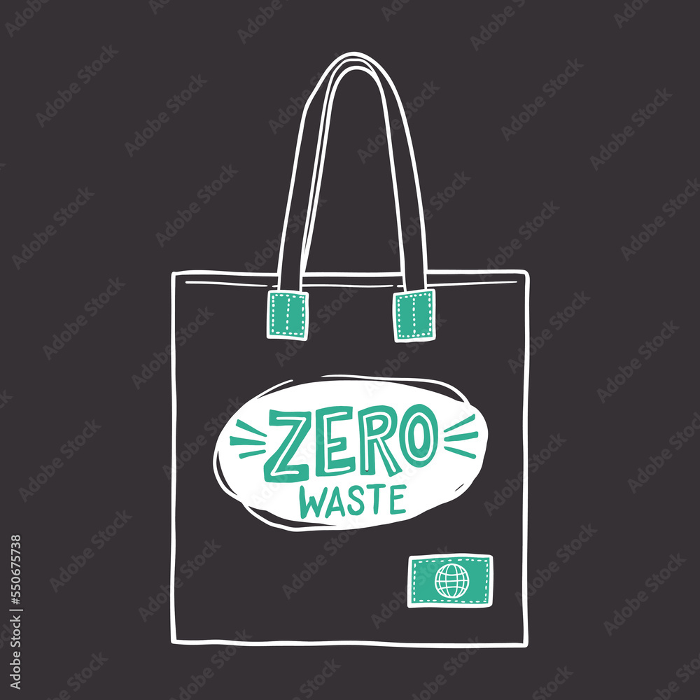 Textile environmentally friendly reusable shopping bags with lettering Zero Waste on black background