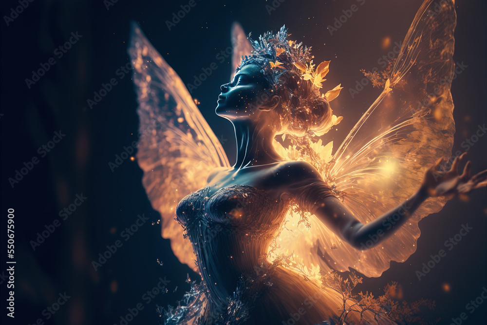 Dancing fairy in an enchanted magical forest. Digital artwork - obrazy, fototapety, plakaty 