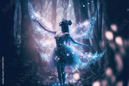 Dancing fairy in an enchanted magical forest. Digital artwork