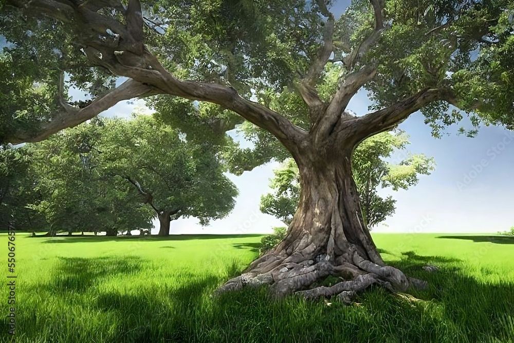 Fototapeta premium A big tree with multiple branches in a park. A sunny morning, sun beam coming through the branches 