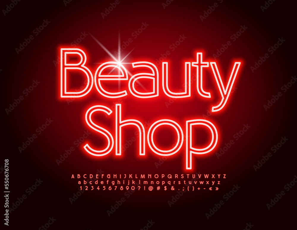 Vector glowing Banner Beauty Shop. Elegant Neon Font. Modern Alphabet Letters and Numbers set