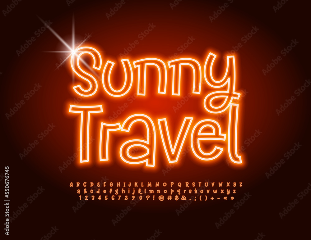 Vector glowing banner Sunny Travel. Playful handwritten Font. Bright Neon Alphabet Letters, Numbers nd Symbols set