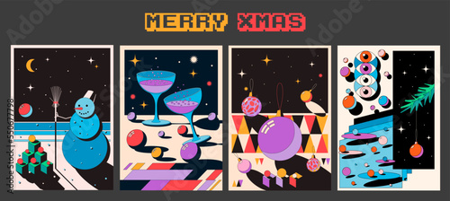 Christmas And New Year Celebration Postcards. Abstraction Style Winter Holidays Decorations Posters Set