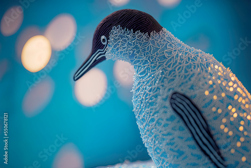 Cute pingouin made out of precious lace and sequins, illustrated lace pingouin, blue cold bokeh background, illustration, digital photo