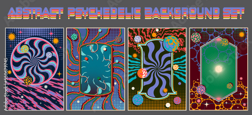 Psychedelic Style Abstract Shapes Colorful Backgrounds Set. Creative Wave Frames Vintage Posters