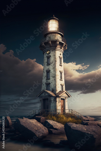 Scenic Lighthouse on a lonely island during a storm 4k hdr ocean scene