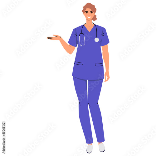 The nurse is pointing with her hand to show something. Medical worker with stethoscope and wearing scrubs. Smiling character isolated on white background. Flat style, vector illustration.