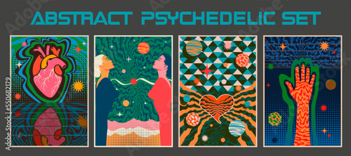Abstract Psychedelic Design Posters Set. Vintage Style Creative Abstraction Illustrations