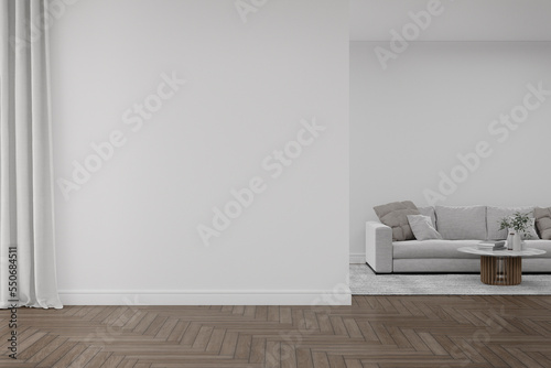 Fototapeta Naklejka Na Ścianę i Meble -  Empty white wall with sofa and carpet on wooden floor. 3d rendering of interior living room
