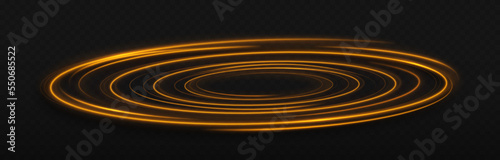 Golden glowing light vortex spiral. Golden shiny spiral lines. Glittering wavy trail. Glowing spiral effects on a transparent background.