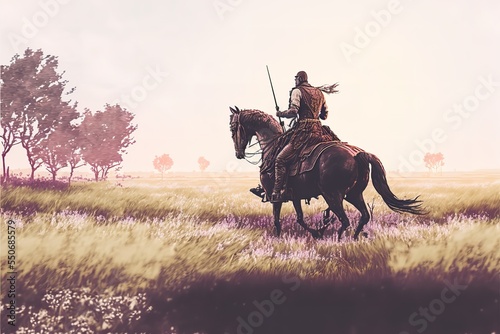 Obraz na płótnie Knight rider on a horse galloping across a green field