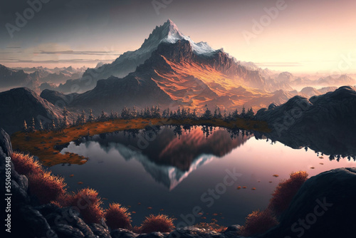 illustration scenic background of winter snow mountain with crystal mirror surface lake 
