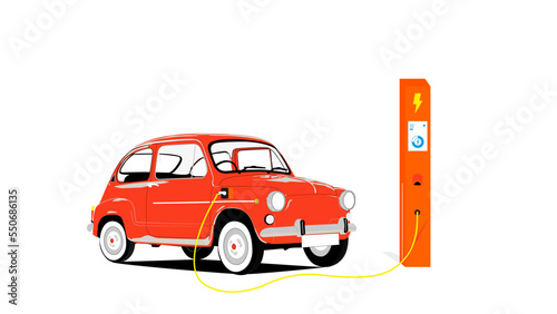 Conversión de coche clásico a vehículo eléctrico. Vehículo eléctrico cargado la batería en la estación de carga eléctrica.  Coche con motor convertido en vehículo eléctrico.