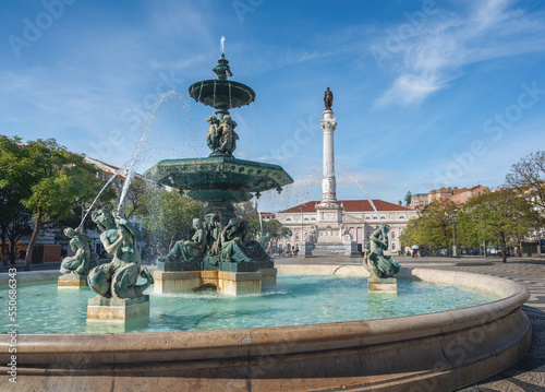 Fountain and Dom Pedro IV Monument at Rossio Square - Lisbon, Portugal