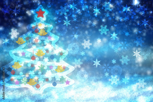 Abstract christmas tree background. Abstract blurred festive winter christmas or Happy New Year background with shiny blue and white bokeh lighted snow lights. Space. Card concept.