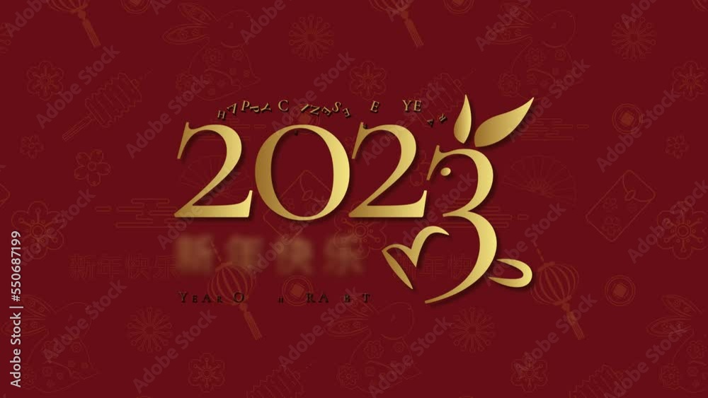 Chinese new year 2023 animation video with Asian elements and fireworks. year of the rabbit.