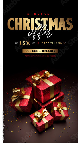 Vertical Christmas sale banner. Special price, offer advertisement template. 3d illustration of red gift boxes with gold ribbon on black background. 15% OFF.