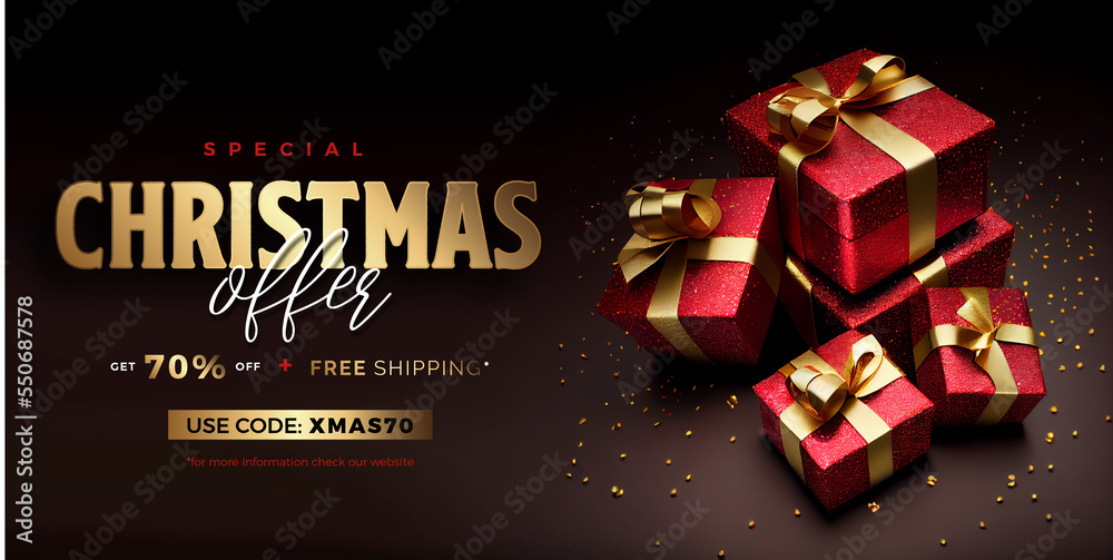 Naklejka premium Horizontal Christmas sale banner. Special price, offer advertisement template. 3d illustration of red gift boxes with gold ribbon on black background. 70% OFF.