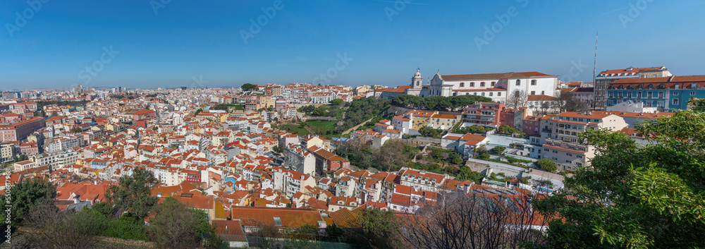 Panoramic aerial view of Lisbon city with Graca Convent and Church - Lisbon, Portugal