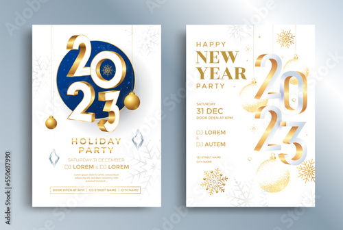 New Year 2023 holiday party posters. Merry Christmas invitation flyer with golden decoration elements.