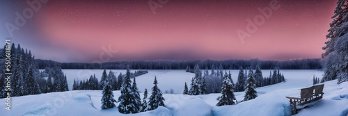 Snowy winter landscape with frozen lake at night, Generative AI image © Kai Köpke