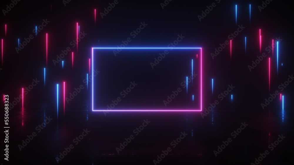This stock motion graphics video shows a neon glowing rectangle frame and rising streaks above the reflected floor futuristic background on a seamless loop.