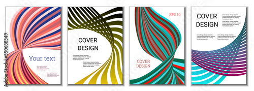 A set of 4 abstract covers. Wavy parallel gradient lines, ribbons evolve. Cover design, background. Trendy banner, poster.
