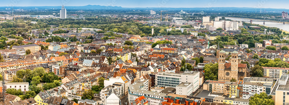 Panoramic aerial view of the city of Cologne. Real estate and urban life in Germany.