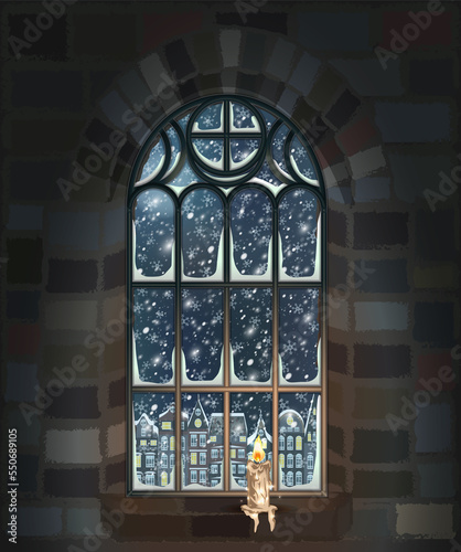 Merry Christmas gothic window with candle, city background, vector illustration