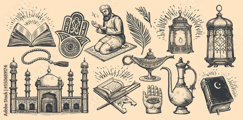 Islam set of sketches. Quran book, Muslim mosque, ritual prayer Namaz. Religion concept vintage vector illustration