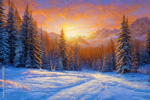 Winter landscape with sunset.