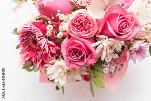 Beautiful spring bouquet with pink and white tender flowers 